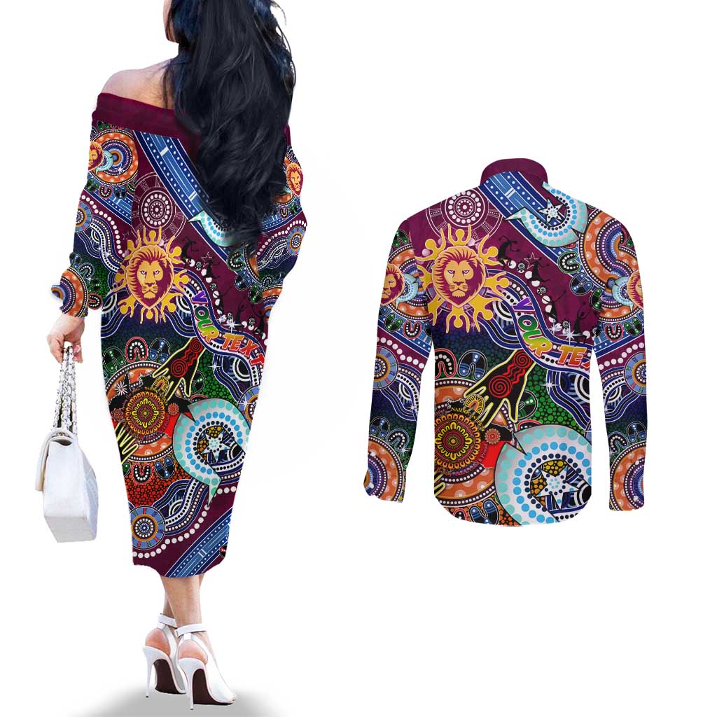 Custom NAIDOC Week 2024 Brisbane Lions Couples Matching Off The Shoulder Long Sleeve Dress and Long Sleeve Button Shirt Australia Aboriginal Dot Painting