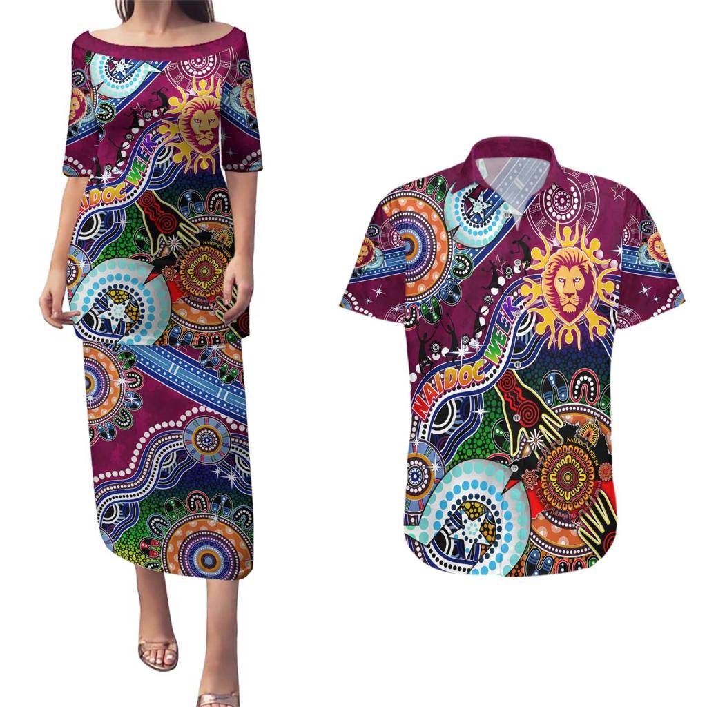 Custom NAIDOC Week 2024 Brisbane Lions Couples Matching Puletasi and Hawaiian Shirt Australia Aboriginal Dot Painting