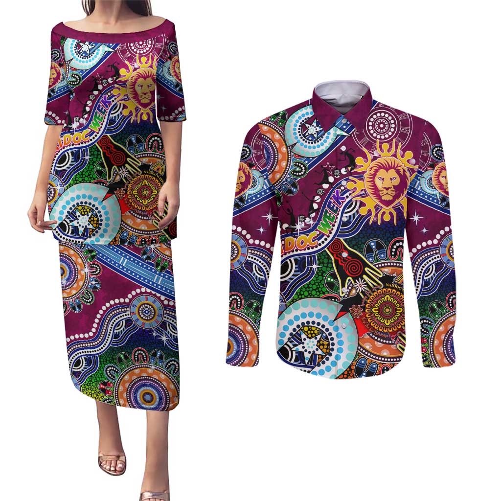 Custom NAIDOC Week 2024 Brisbane Lions Couples Matching Puletasi and Long Sleeve Button Shirt Australia Aboriginal Dot Painting