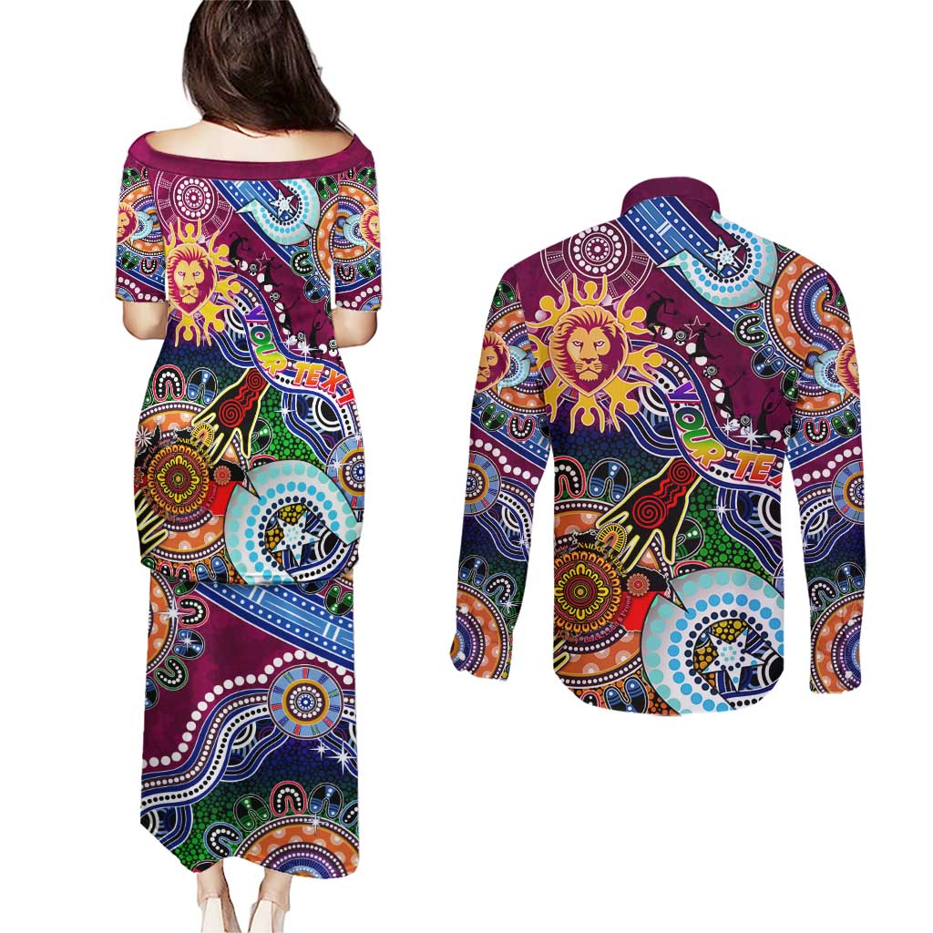 Custom NAIDOC Week 2024 Brisbane Lions Couples Matching Puletasi and Long Sleeve Button Shirt Australia Aboriginal Dot Painting