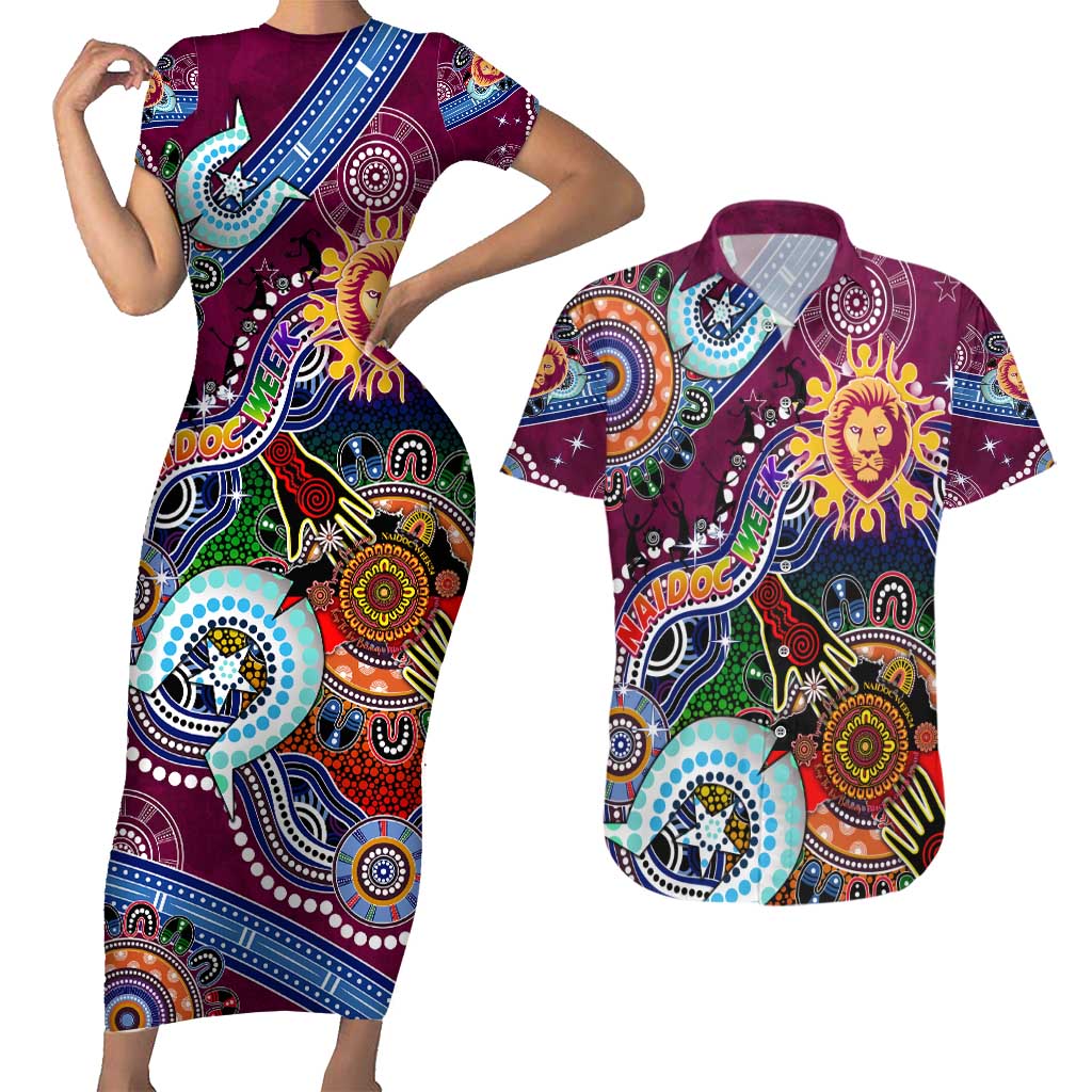 Custom NAIDOC Week 2024 Brisbane Lions Couples Matching Short Sleeve Bodycon Dress and Hawaiian Shirt Australia Aboriginal Dot Painting