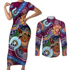 Custom NAIDOC Week 2024 Brisbane Lions Couples Matching Short Sleeve Bodycon Dress and Long Sleeve Button Shirt Australia Aboriginal Dot Painting