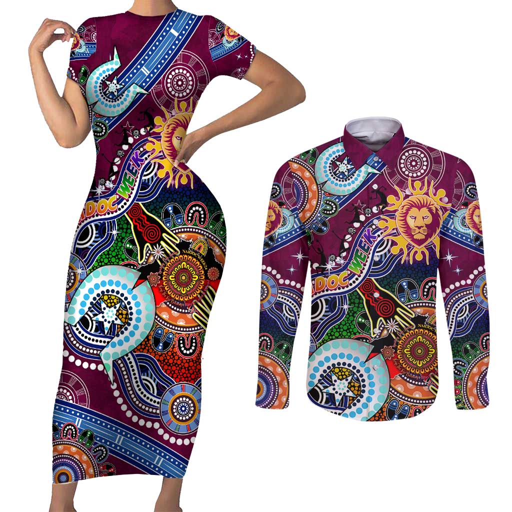 Custom NAIDOC Week 2024 Brisbane Lions Couples Matching Short Sleeve Bodycon Dress and Long Sleeve Button Shirt Australia Aboriginal Dot Painting