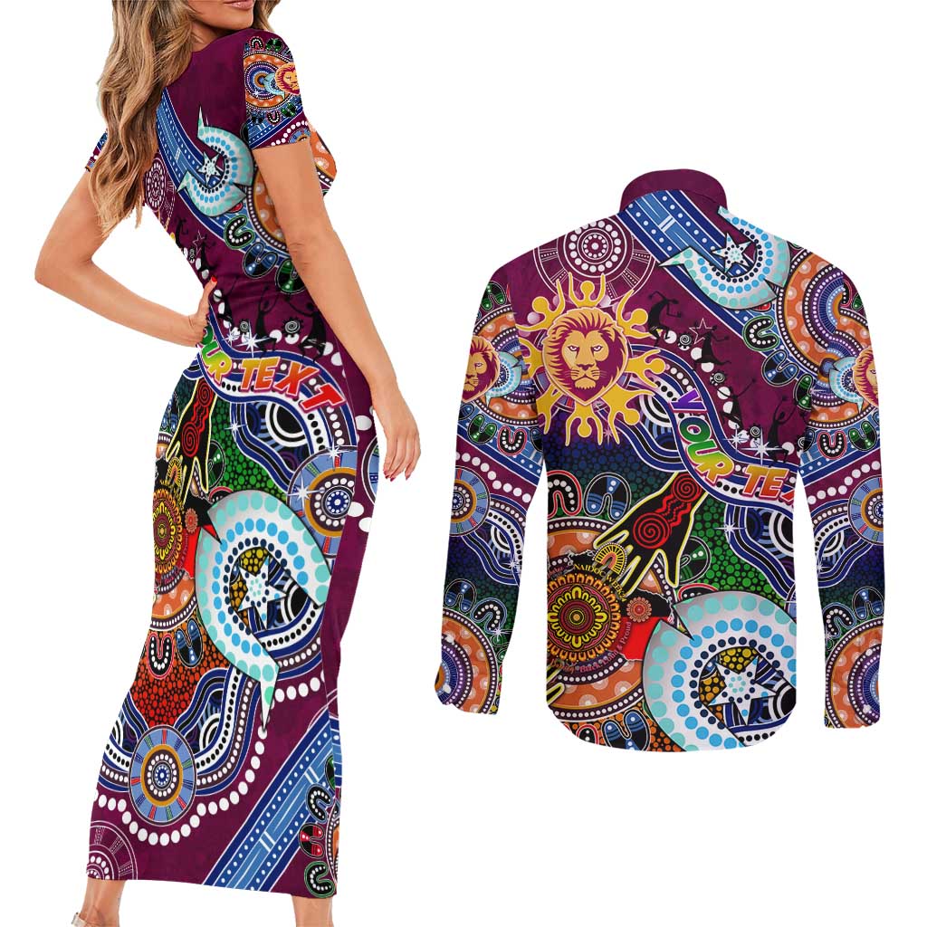 Custom NAIDOC Week 2024 Brisbane Lions Couples Matching Short Sleeve Bodycon Dress and Long Sleeve Button Shirt Australia Aboriginal Dot Painting