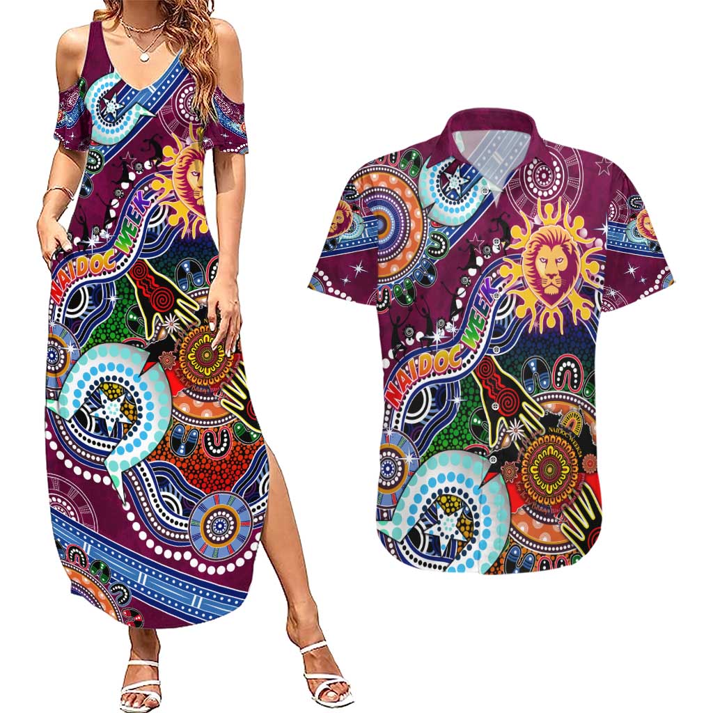 Custom NAIDOC Week 2024 Brisbane Lions Couples Matching Summer Maxi Dress and Hawaiian Shirt Australia Aboriginal Dot Painting