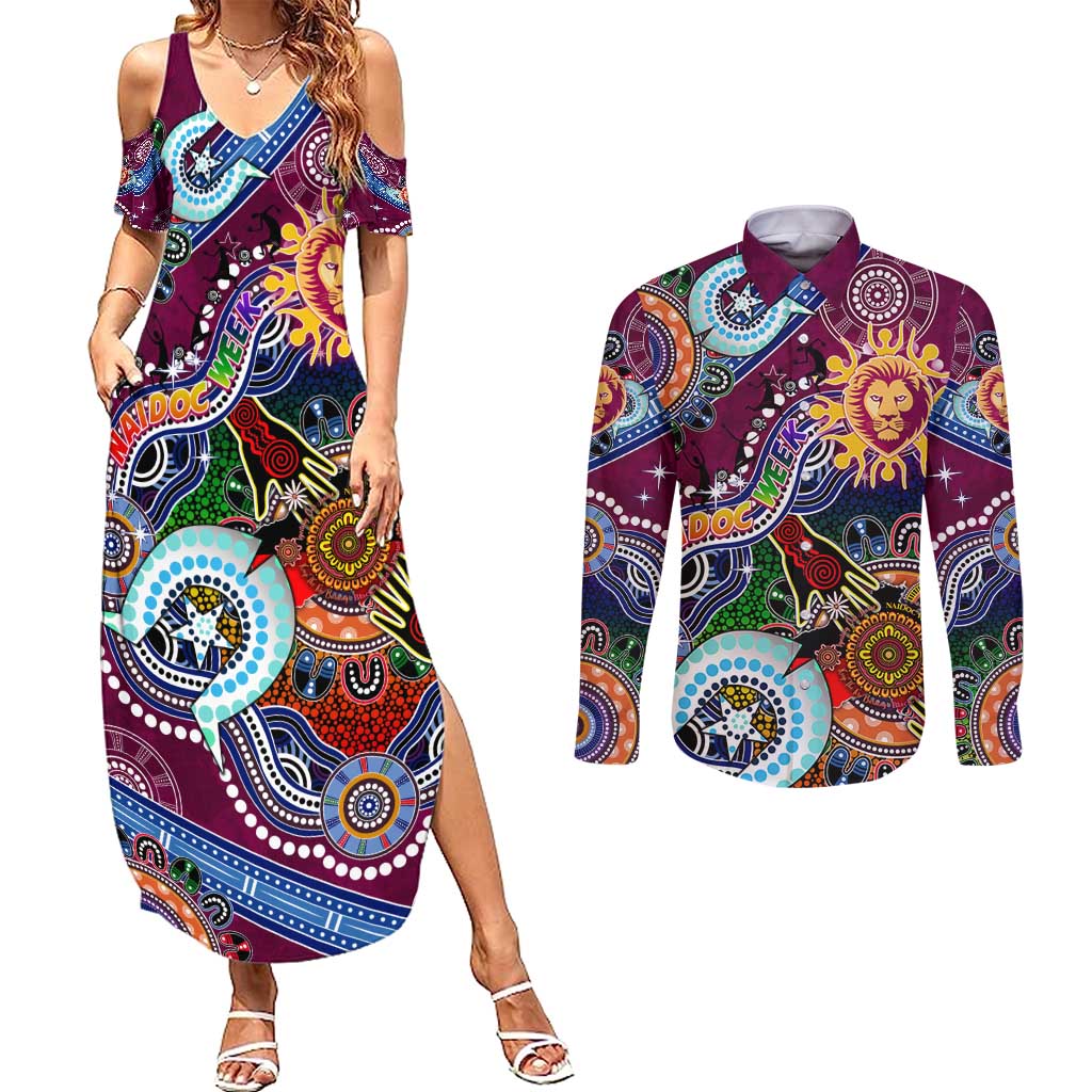 Custom NAIDOC Week 2024 Brisbane Lions Couples Matching Summer Maxi Dress and Long Sleeve Button Shirt Australia Aboriginal Dot Painting