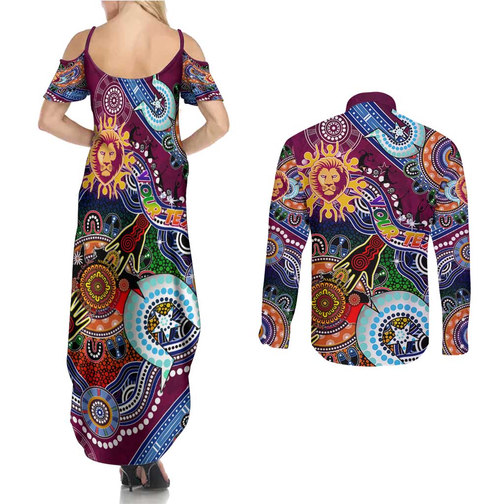Custom NAIDOC Week 2024 Brisbane Lions Couples Matching Summer Maxi Dress and Long Sleeve Button Shirt Australia Aboriginal Dot Painting