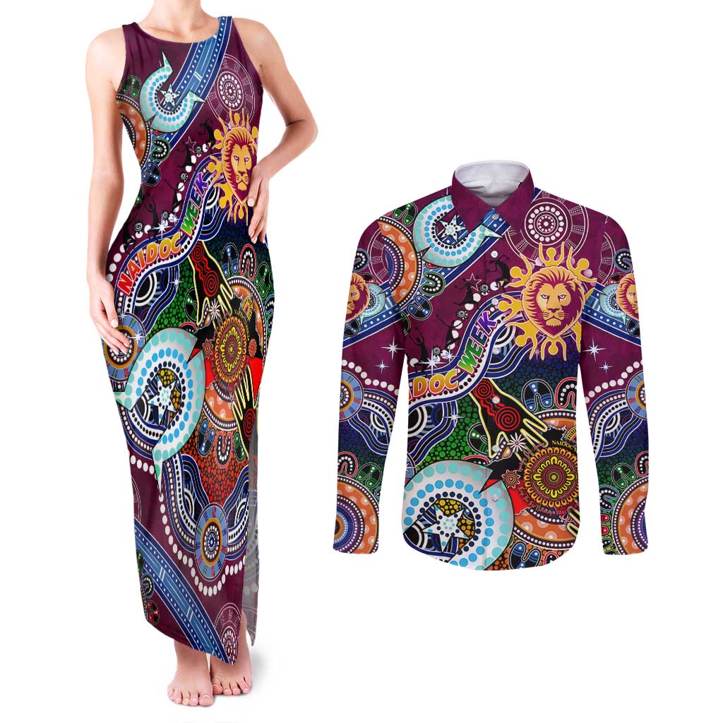 Custom NAIDOC Week 2024 Brisbane Lions Couples Matching Tank Maxi Dress and Long Sleeve Button Shirt Australia Aboriginal Dot Painting