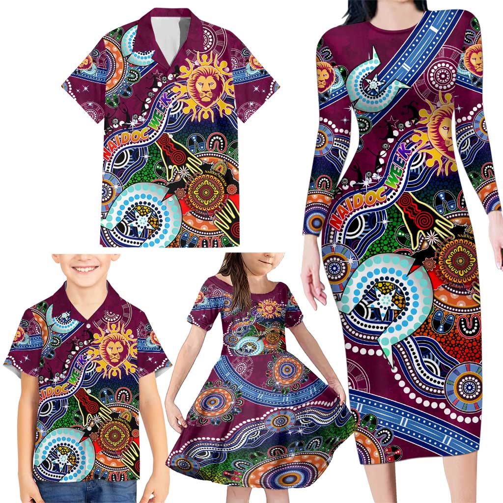 Custom NAIDOC Week 2024 Brisbane Lions Family Matching Long Sleeve Bodycon Dress and Hawaiian Shirt Australia Aboriginal Dot Painting