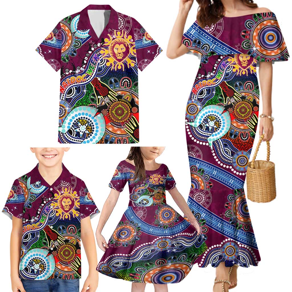 Custom NAIDOC Week 2024 Brisbane Lions Family Matching Mermaid Dress and Hawaiian Shirt Australia Aboriginal Dot Painting