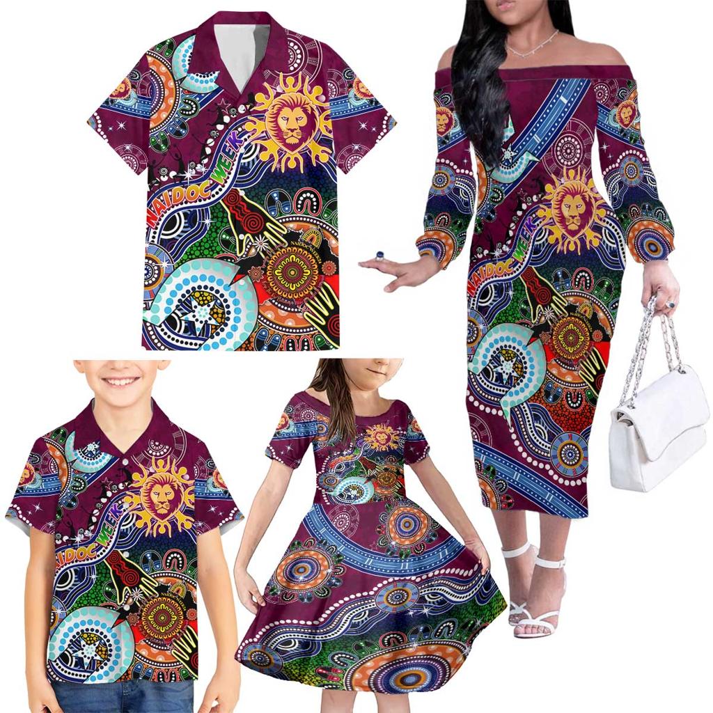 Custom NAIDOC Week 2024 Brisbane Lions Family Matching Off The Shoulder Long Sleeve Dress and Hawaiian Shirt Australia Aboriginal Dot Painting