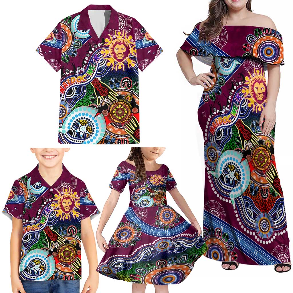 Custom NAIDOC Week 2024 Brisbane Lions Family Matching Off Shoulder Maxi Dress and Hawaiian Shirt Australia Aboriginal Dot Painting
