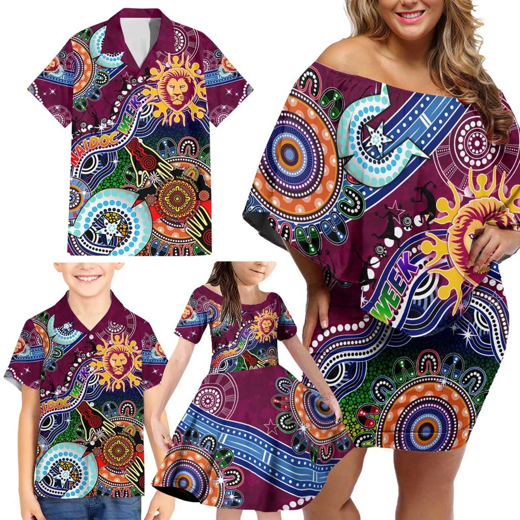 Custom NAIDOC Week 2024 Brisbane Lions Family Matching Off Shoulder Short Dress and Hawaiian Shirt Australia Aboriginal Dot Painting
