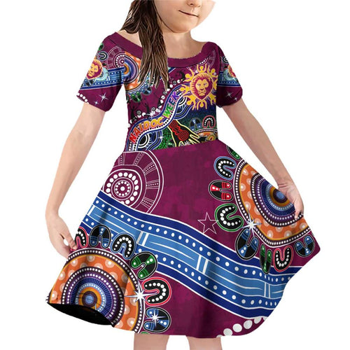 Custom NAIDOC Week 2024 Brisbane Lions Family Matching Off Shoulder Short Dress and Hawaiian Shirt Australia Aboriginal Dot Painting