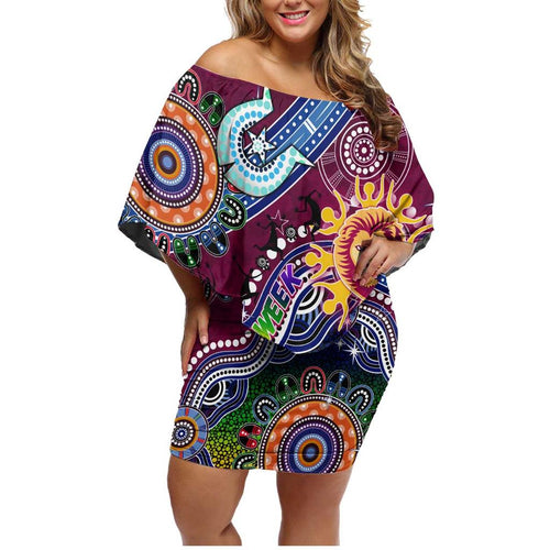 Custom NAIDOC Week 2024 Brisbane Lions Family Matching Off Shoulder Short Dress and Hawaiian Shirt Australia Aboriginal Dot Painting