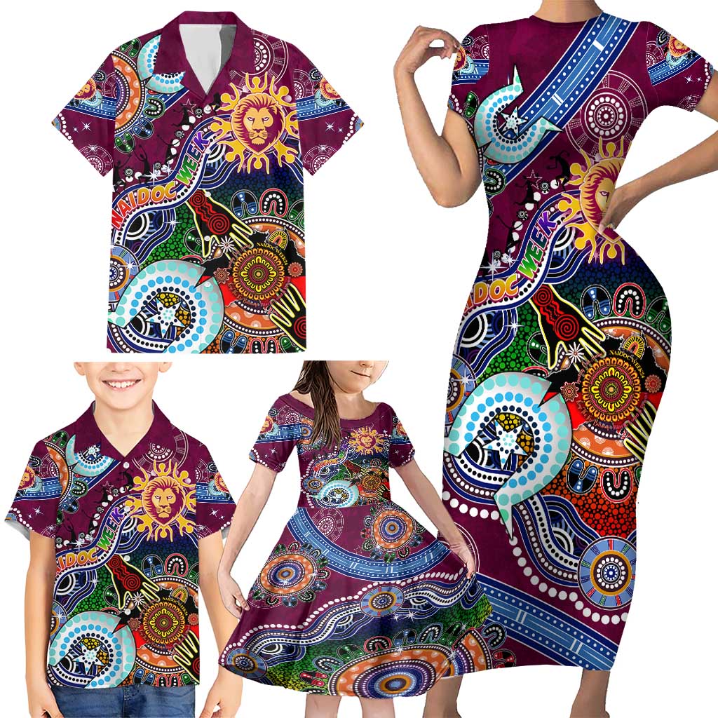Custom NAIDOC Week 2024 Brisbane Lions Family Matching Short Sleeve Bodycon Dress and Hawaiian Shirt Australia Aboriginal Dot Painting