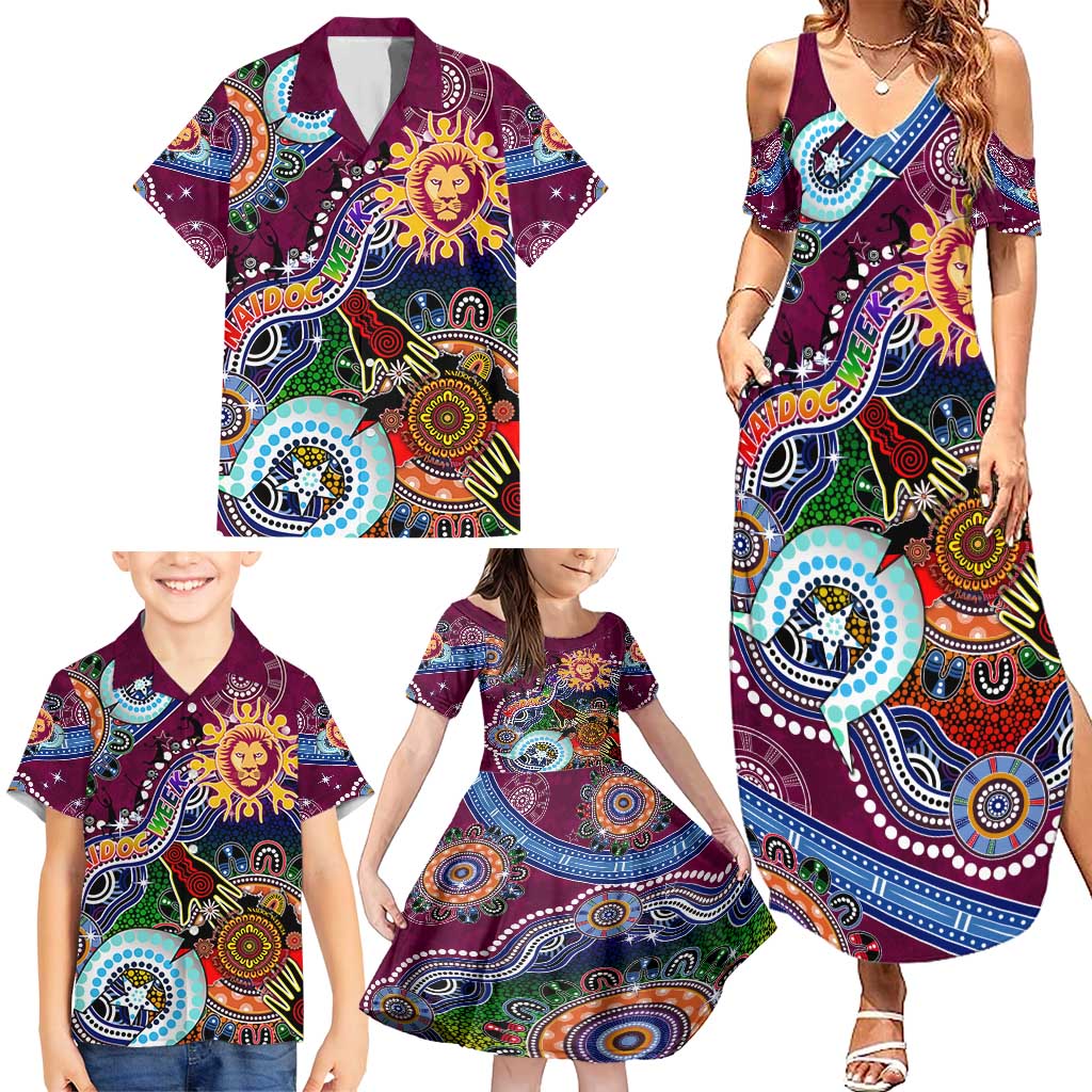 Custom NAIDOC Week 2024 Brisbane Lions Family Matching Summer Maxi Dress and Hawaiian Shirt Australia Aboriginal Dot Painting