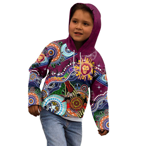 Custom NAIDOC Week 2024 Brisbane Lions Kid Hoodie Australia Aboriginal Dot Painting