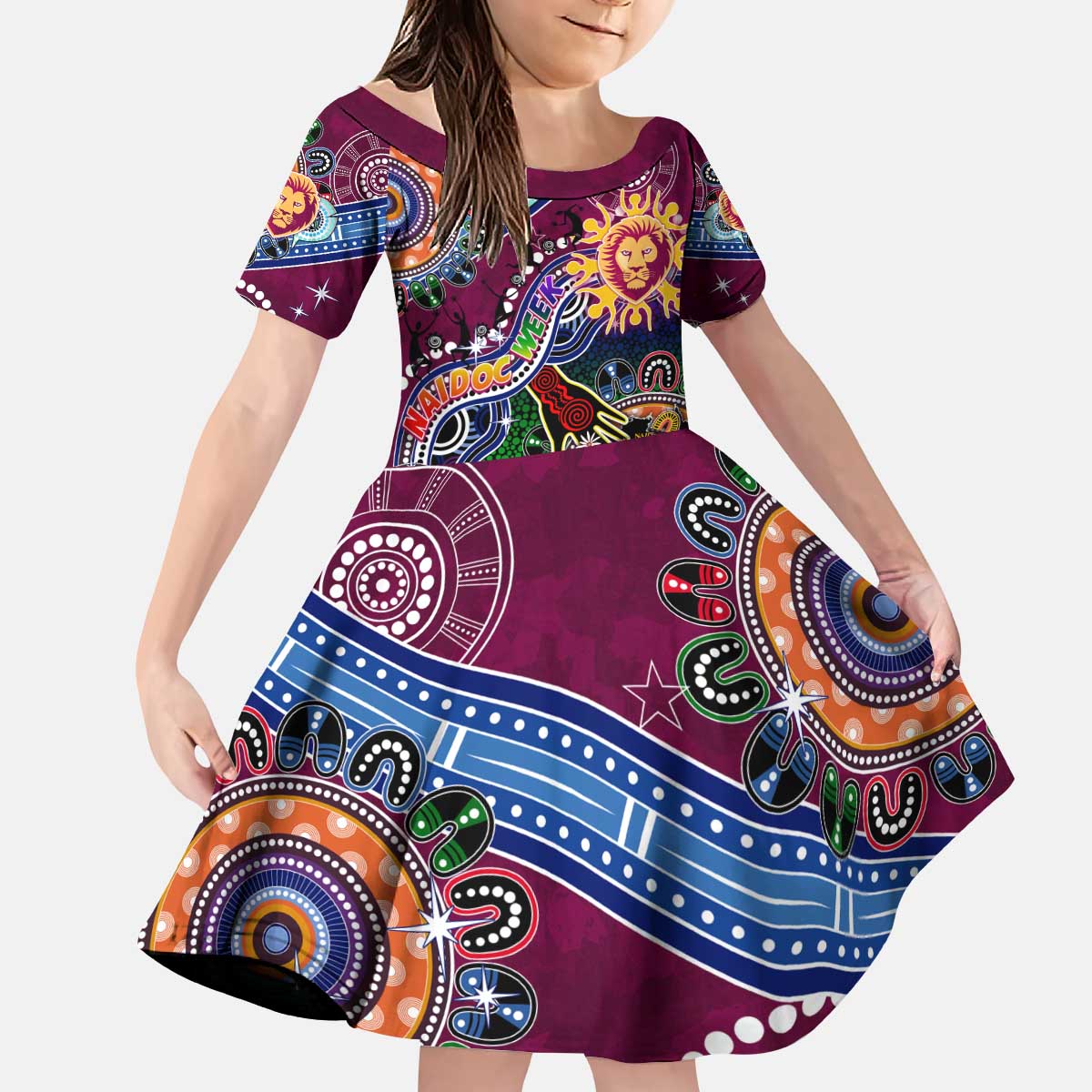 Custom NAIDOC Week 2024 Brisbane Lions Kid Short Sleeve Dress Australia Aboriginal Dot Painting