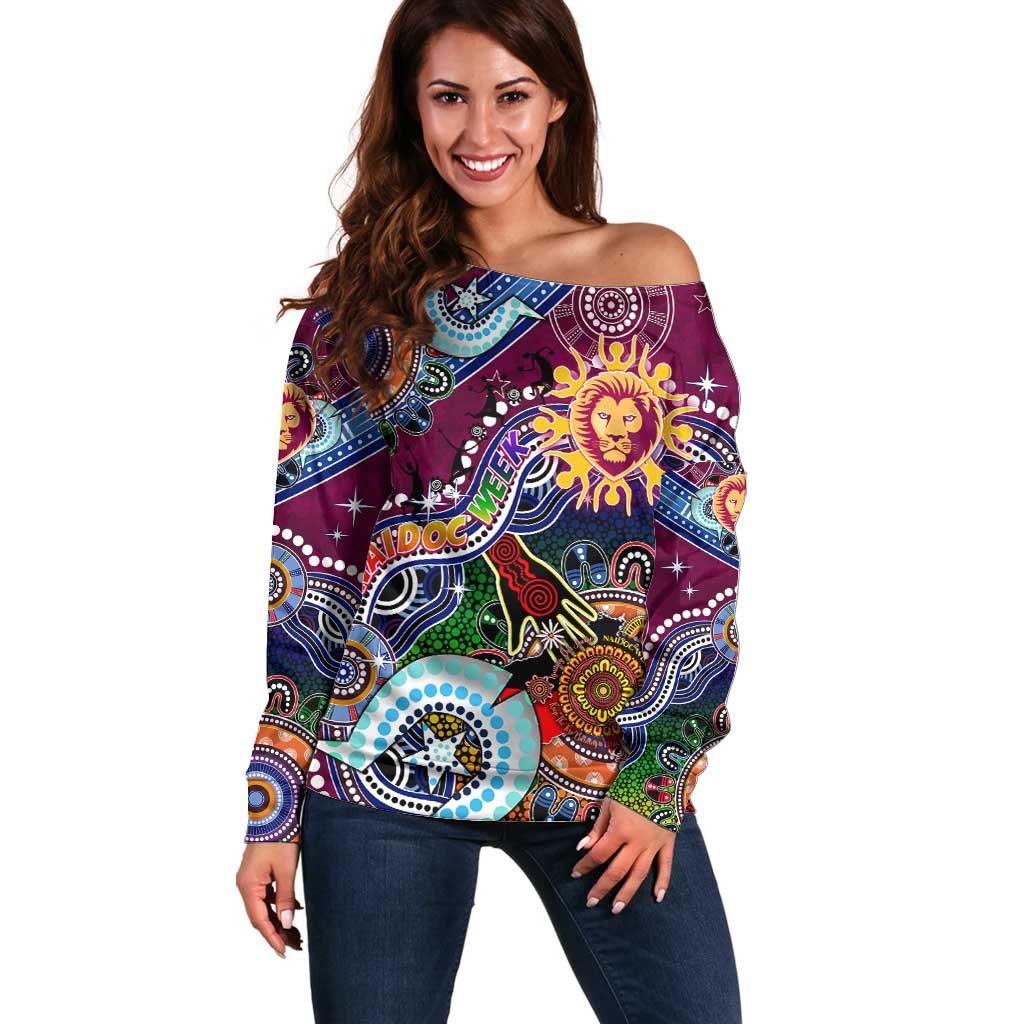 Custom NAIDOC Week 2024 Brisbane Lions Off Shoulder Sweater Australia Aboriginal Dot Painting