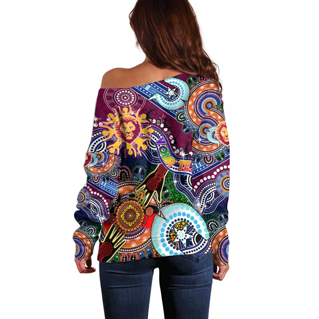 Custom NAIDOC Week 2024 Brisbane Lions Off Shoulder Sweater Australia Aboriginal Dot Painting