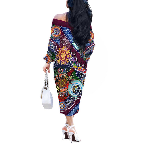 Custom NAIDOC Week 2024 Brisbane Lions Off The Shoulder Long Sleeve Dress Australia Aboriginal Dot Painting