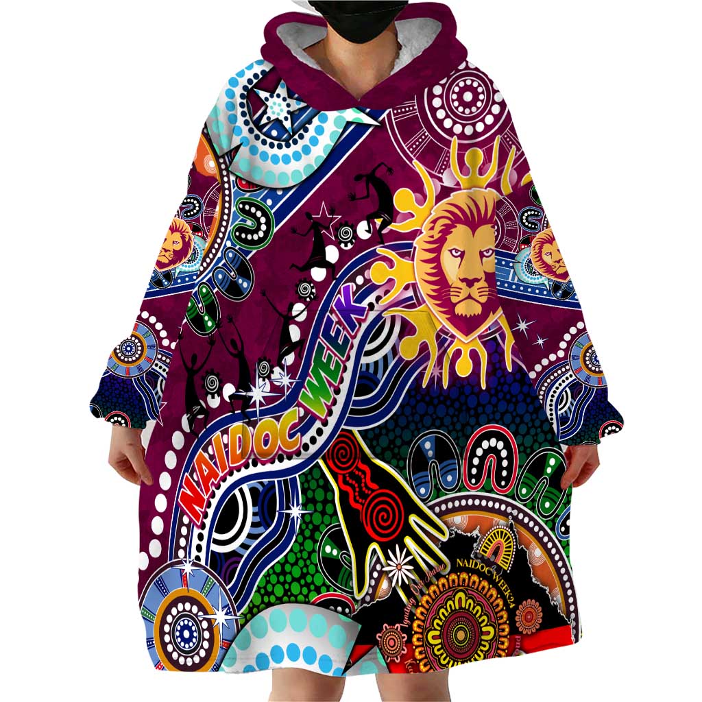 Custom NAIDOC Week 2024 Brisbane Lions Wearable Blanket Hoodie Australia Aboriginal Dot Painting