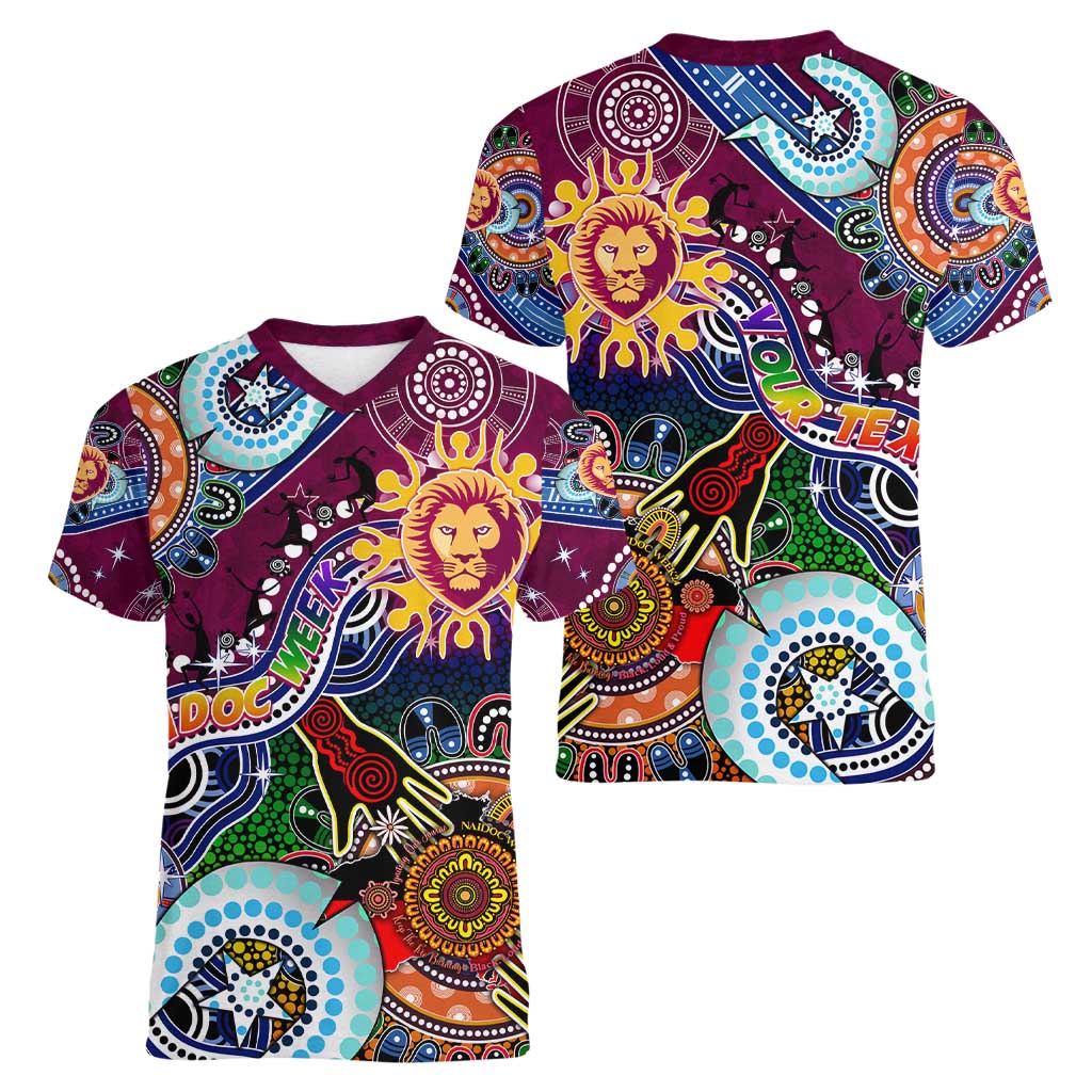 Custom NAIDOC Week 2024 Brisbane Lions Women V-Neck T-Shirt Australia Aboriginal Dot Painting