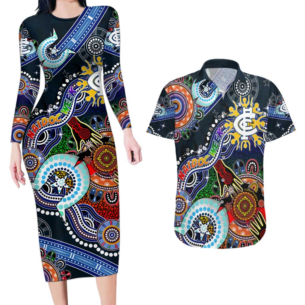 Custom NAIDOC Week 2024 Carlton Blues Couples Matching Long Sleeve Bodycon Dress and Hawaiian Shirt Australia Aboriginal Dot Painting