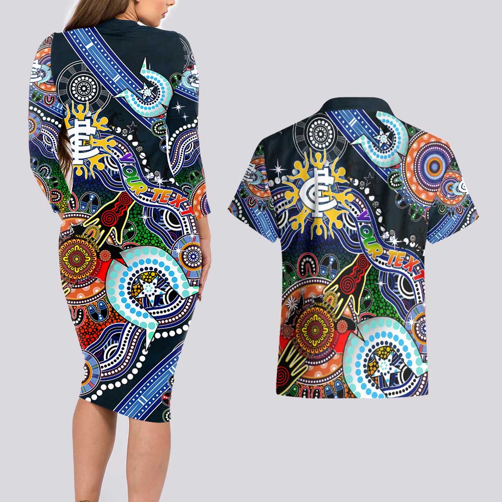 Custom NAIDOC Week 2024 Carlton Blues Couples Matching Long Sleeve Bodycon Dress and Hawaiian Shirt Australia Aboriginal Dot Painting
