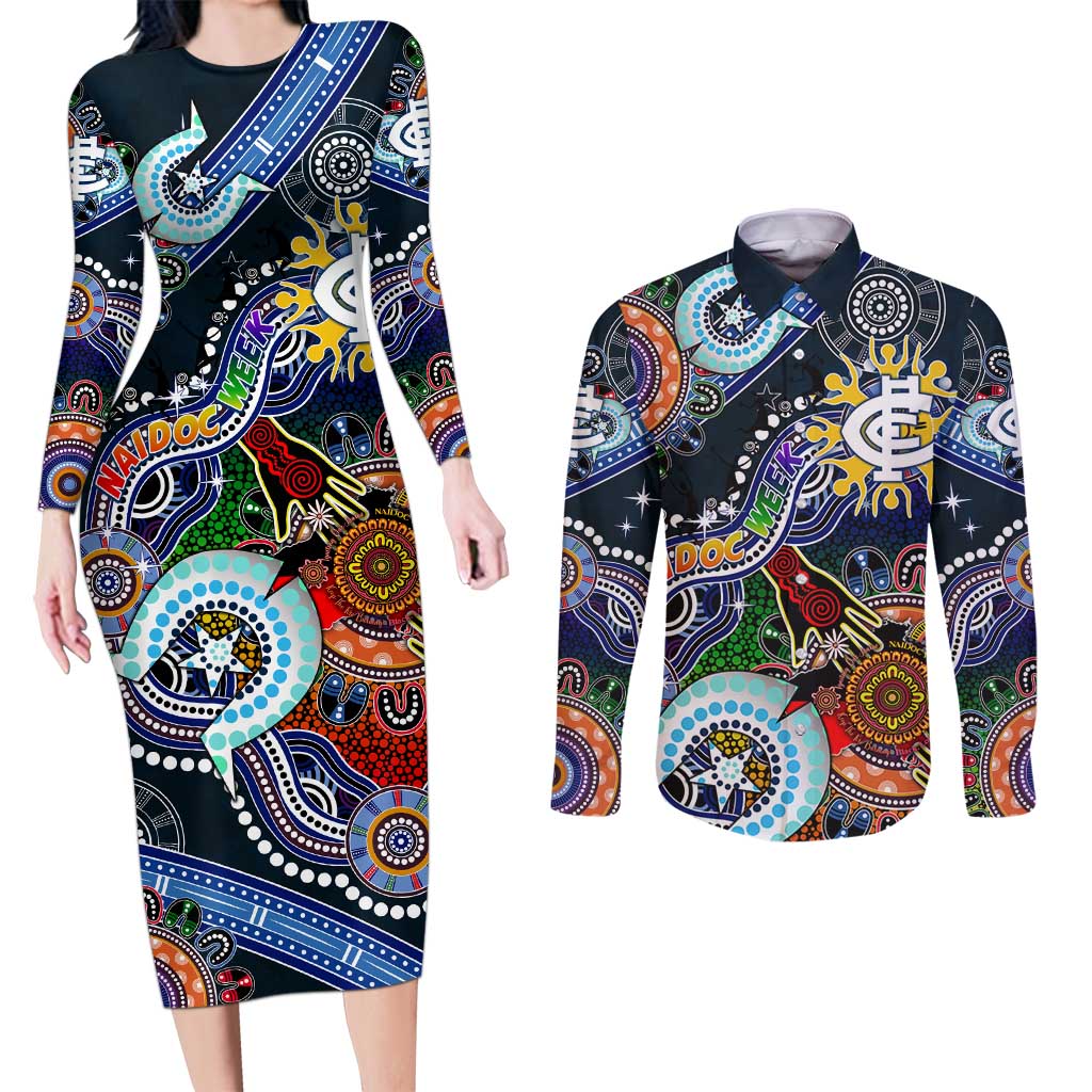 Custom NAIDOC Week 2024 Carlton Blues Couples Matching Long Sleeve Bodycon Dress and Long Sleeve Button Shirt Australia Aboriginal Dot Painting
