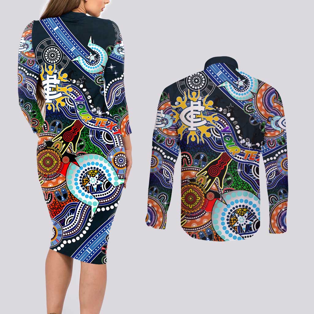 Custom NAIDOC Week 2024 Carlton Blues Couples Matching Long Sleeve Bodycon Dress and Long Sleeve Button Shirt Australia Aboriginal Dot Painting