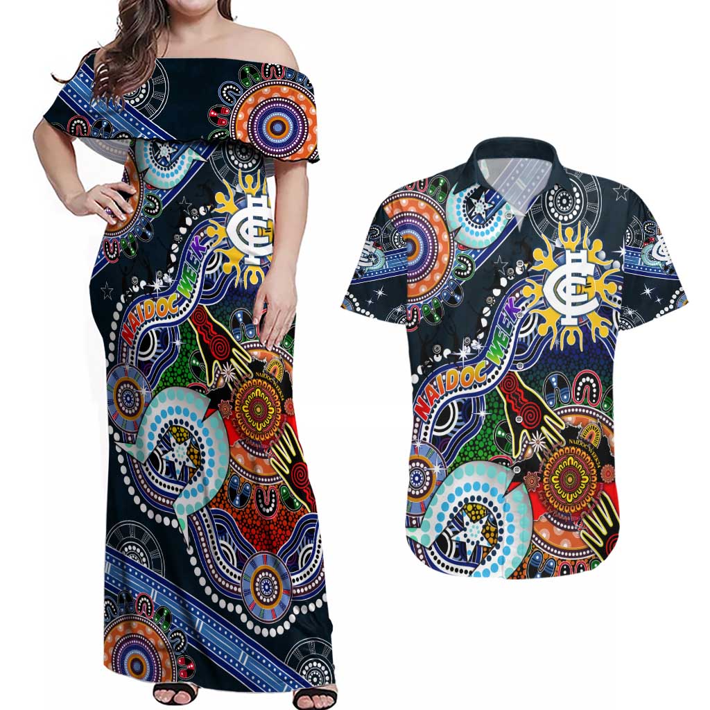 Custom NAIDOC Week 2024 Carlton Blues Couples Matching Off Shoulder Maxi Dress and Hawaiian Shirt Australia Aboriginal Dot Painting
