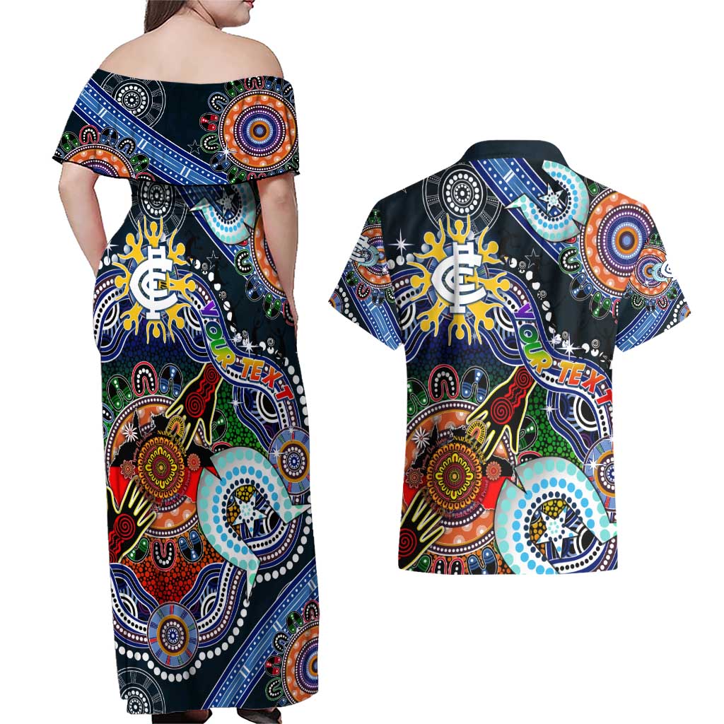 Custom NAIDOC Week 2024 Carlton Blues Couples Matching Off Shoulder Maxi Dress and Hawaiian Shirt Australia Aboriginal Dot Painting