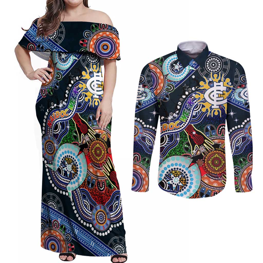 Custom NAIDOC Week 2024 Carlton Blues Couples Matching Off Shoulder Maxi Dress and Long Sleeve Button Shirt Australia Aboriginal Dot Painting