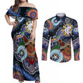 Custom NAIDOC Week 2024 Carlton Blues Couples Matching Off Shoulder Maxi Dress and Long Sleeve Button Shirt Australia Aboriginal Dot Painting