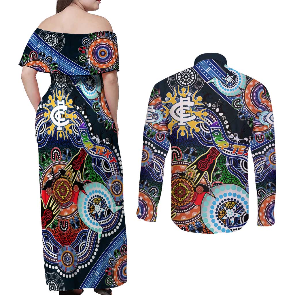 Custom NAIDOC Week 2024 Carlton Blues Couples Matching Off Shoulder Maxi Dress and Long Sleeve Button Shirt Australia Aboriginal Dot Painting