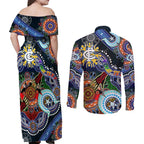 Custom NAIDOC Week 2024 Carlton Blues Couples Matching Off Shoulder Maxi Dress and Long Sleeve Button Shirt Australia Aboriginal Dot Painting