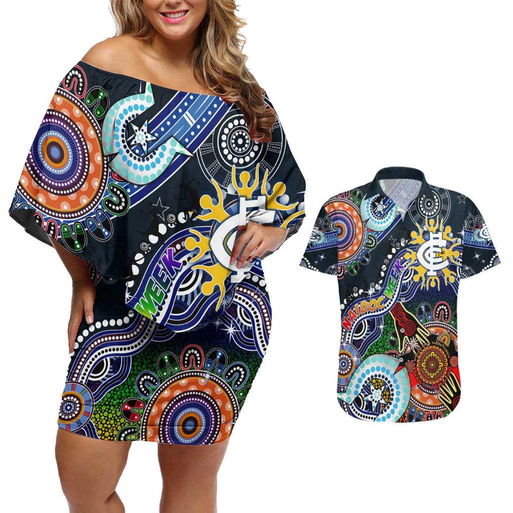 Custom NAIDOC Week 2024 Carlton Blues Couples Matching Off Shoulder Short Dress and Hawaiian Shirt Australia Aboriginal Dot Painting