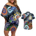 Custom NAIDOC Week 2024 Carlton Blues Couples Matching Off Shoulder Short Dress and Hawaiian Shirt Australia Aboriginal Dot Painting