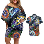 Custom NAIDOC Week 2024 Carlton Blues Couples Matching Off Shoulder Short Dress and Hawaiian Shirt Australia Aboriginal Dot Painting