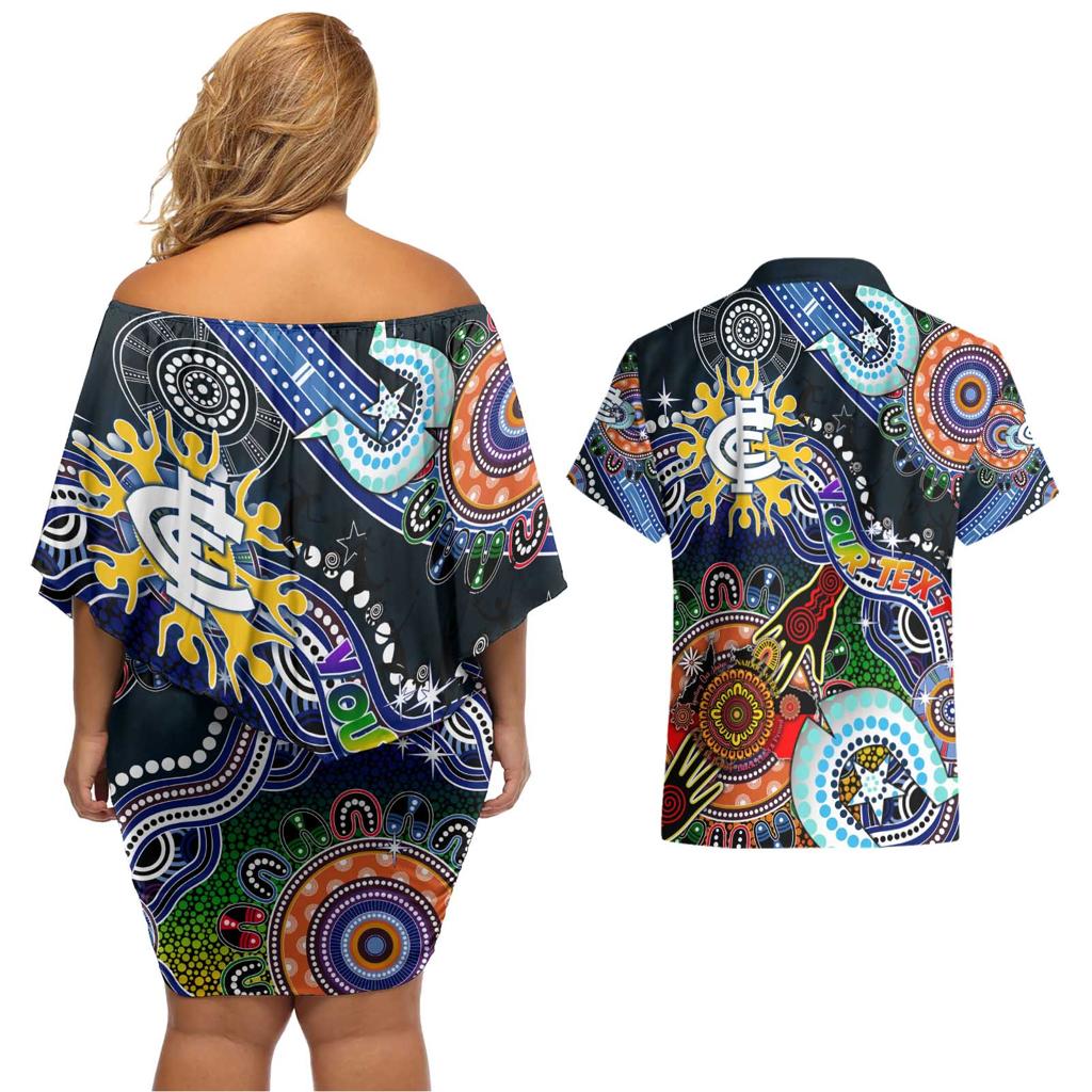 Custom NAIDOC Week 2024 Carlton Blues Couples Matching Off Shoulder Short Dress and Hawaiian Shirt Australia Aboriginal Dot Painting