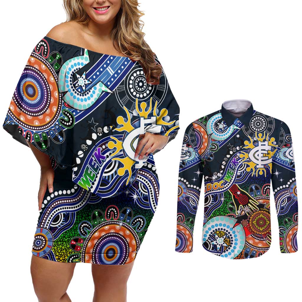 Custom NAIDOC Week 2024 Carlton Blues Couples Matching Off Shoulder Short Dress and Long Sleeve Button Shirt Australia Aboriginal Dot Painting