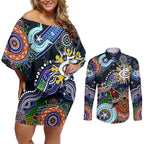 Custom NAIDOC Week 2024 Carlton Blues Couples Matching Off Shoulder Short Dress and Long Sleeve Button Shirt Australia Aboriginal Dot Painting