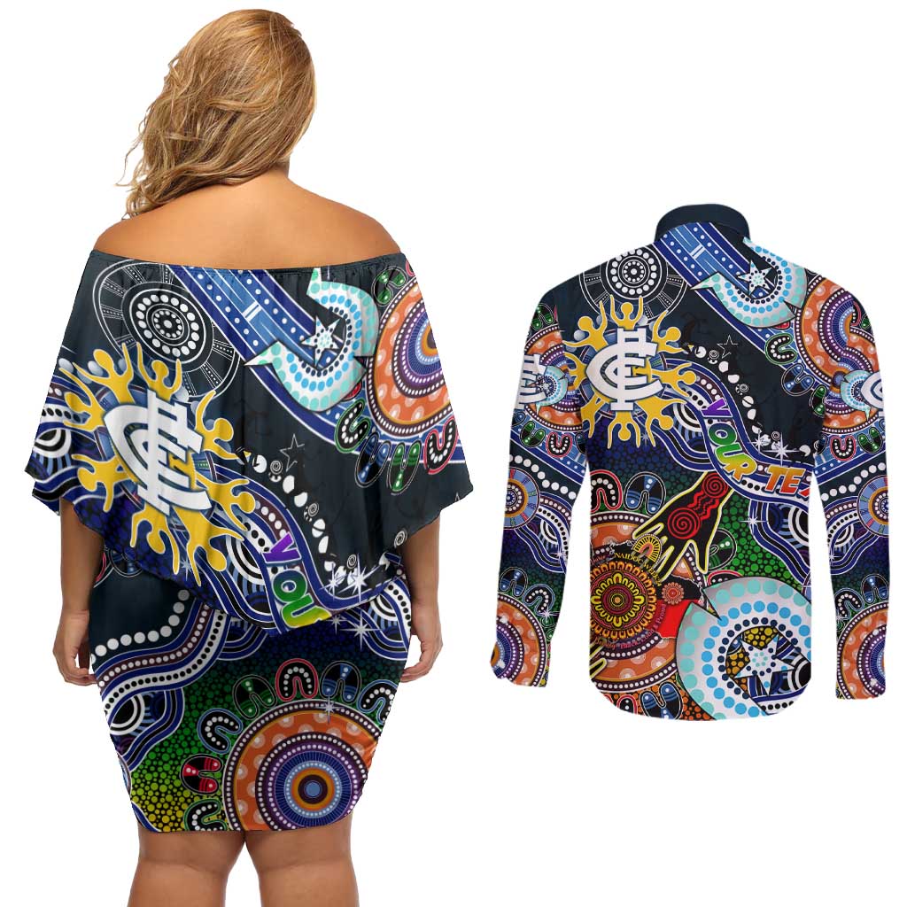 Custom NAIDOC Week 2024 Carlton Blues Couples Matching Off Shoulder Short Dress and Long Sleeve Button Shirt Australia Aboriginal Dot Painting