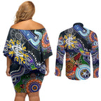 Custom NAIDOC Week 2024 Carlton Blues Couples Matching Off Shoulder Short Dress and Long Sleeve Button Shirt Australia Aboriginal Dot Painting