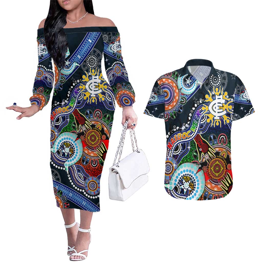 Custom NAIDOC Week 2024 Carlton Blues Couples Matching Off The Shoulder Long Sleeve Dress and Hawaiian Shirt Australia Aboriginal Dot Painting