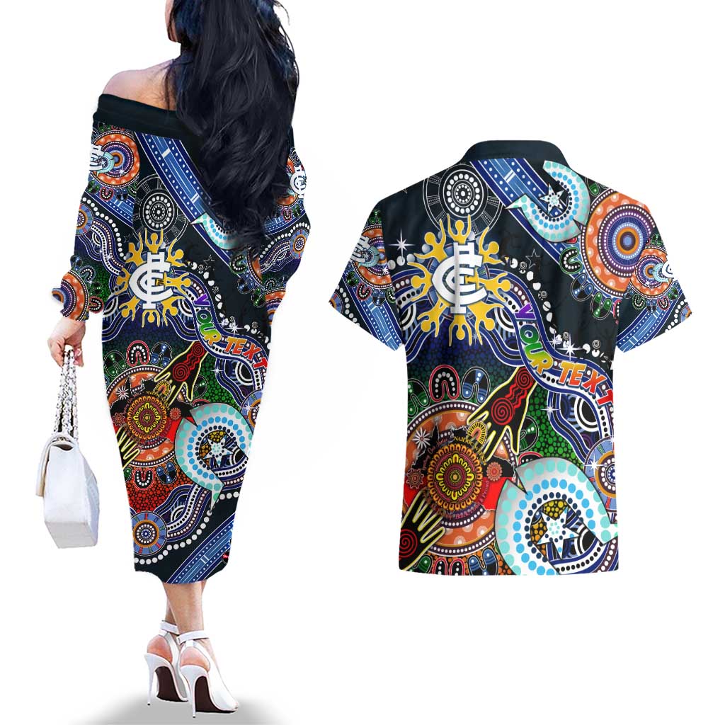 Custom NAIDOC Week 2024 Carlton Blues Couples Matching Off The Shoulder Long Sleeve Dress and Hawaiian Shirt Australia Aboriginal Dot Painting
