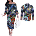 Custom NAIDOC Week 2024 Carlton Blues Couples Matching Off The Shoulder Long Sleeve Dress and Long Sleeve Button Shirt Australia Aboriginal Dot Painting
