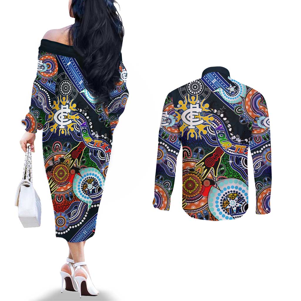 Custom NAIDOC Week 2024 Carlton Blues Couples Matching Off The Shoulder Long Sleeve Dress and Long Sleeve Button Shirt Australia Aboriginal Dot Painting